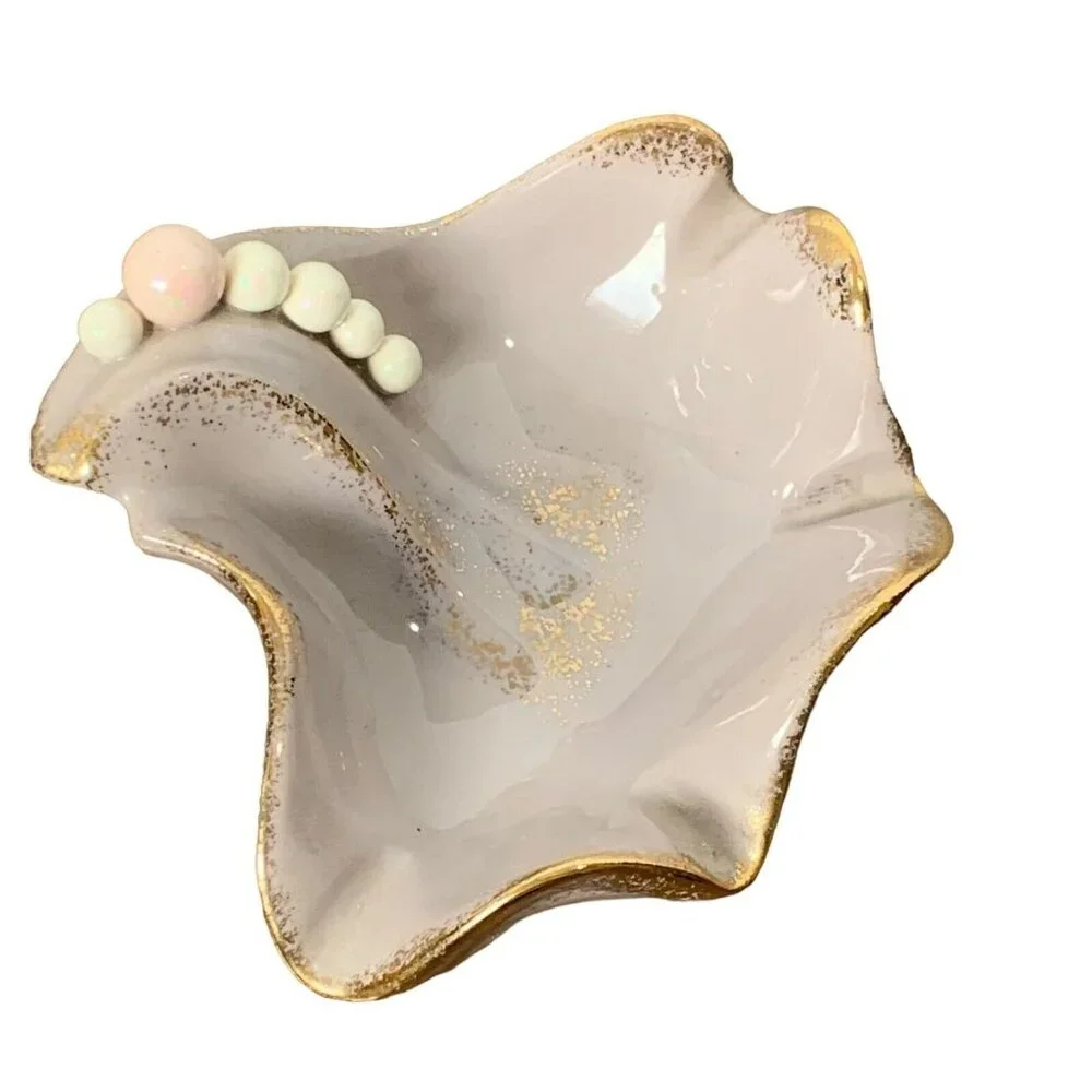 Vintage‎ MCM Gilt Seashell Ashtray Trinket Dish Pearls Midcentury Mermaid Ocean